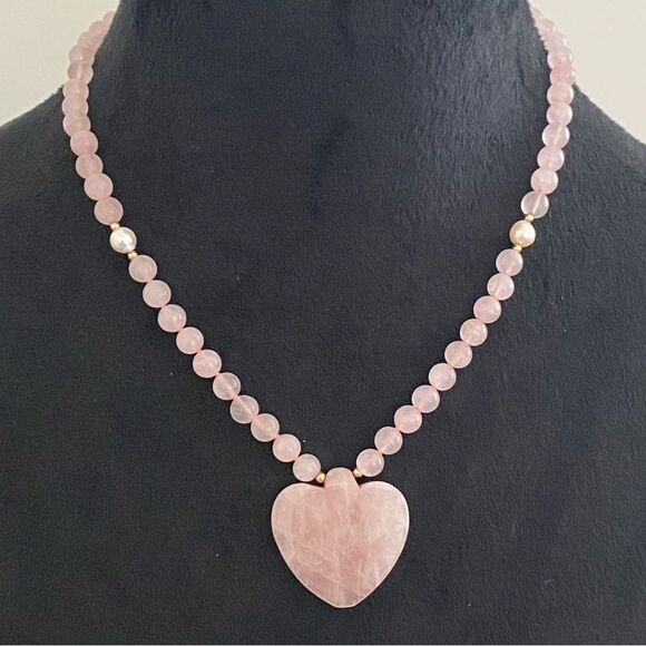 Beaded Rose Quartz Pearl & 14K Accent Heart Necklace - Picture 1 of 2